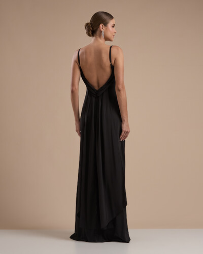 FotoVestido de Festa Longo Crepe Chiffon Costas Lenço Cauda Preto