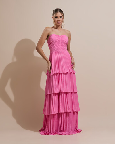 Foto Vestido de Festa Longo Tomara que Caia Crepe Chiffon Plissado Camadas Rosa
