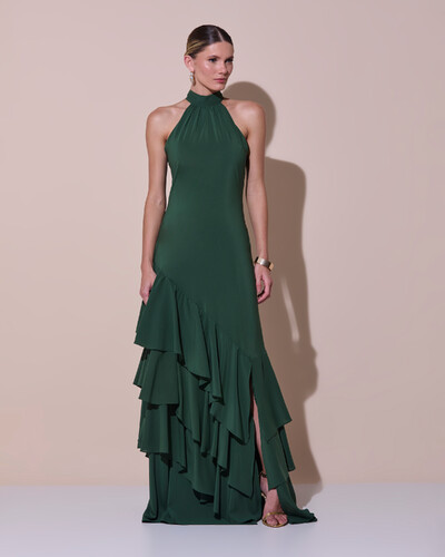 Foto Vestido de Festa Longo Chiffon Crepe Gola Alta Babados Verde Escuro New