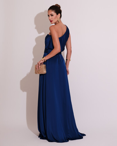 FotoVestido Longo um Ombro com Busto Blousê e Fenda Azul Royal