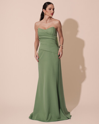 Foto Vestido de Festa Longo Alfaiataria Tomara que Caia Drapeado Faixa Verde Matcha
