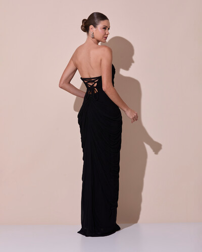 Foto Vestido De Festa Longo Tomara que Caia Tule Drapeado Fenda Preto