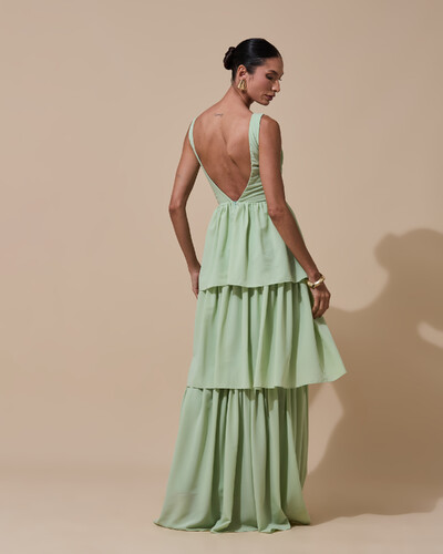 Foto Vestido de Festa Longo Decote V Crepe Chiffon Plissado Camadas Babado Verde Menta New