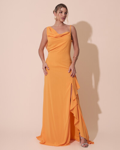 Foto Vestido de Festa Longo Crepe Chiffon Degagê com Fenda e Babado Cascata Laranja Manga