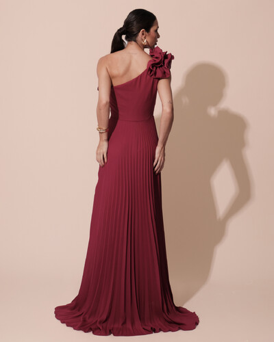 FotoVestido de Festa um Ombro Só Flor Saia Plissado Cereja