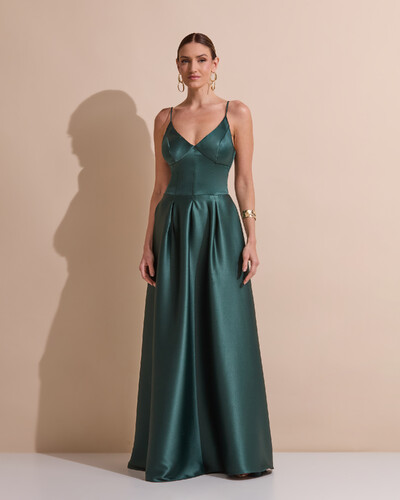 Foto Vestido de Festa Longo Alça Fina Decote V Cetim Saia Evasê Verde Escuro