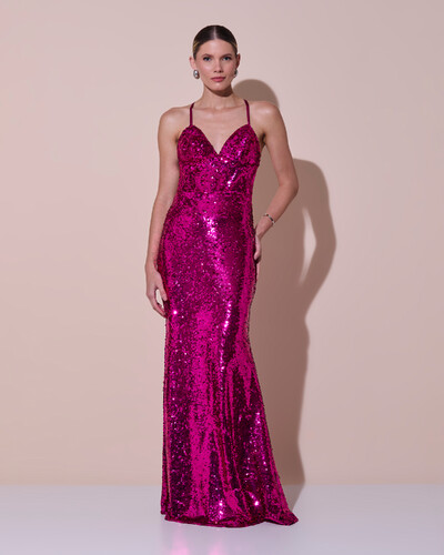 Foto Vestido de Festa Longo Decote V Paetê Alças Finas Saia Sereia Pink