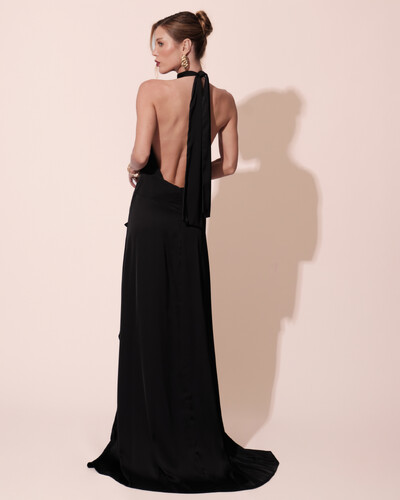 FotoVestido Longo de Festa Cetim Fluido Gola Alta e Babado Cascata Preto