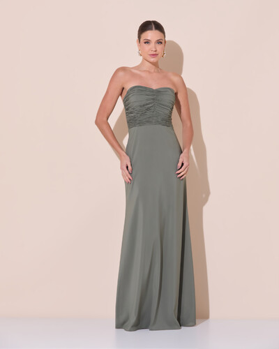 Foto Vestido de Festa Longo Ombro a Ombro Plissado Crepe Chiffon Capa Flor 3D Verde Oliva