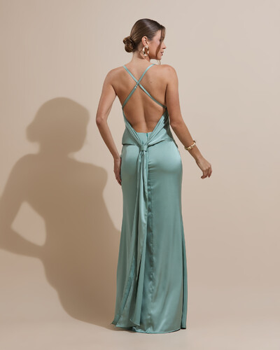 FotoVestido de Festa Longo Costas Abertas Laço Cetim Decote V Verde Menta