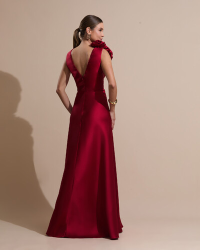 Foto Vestido de Festa longo Zibeline Decote em V com Flores Removivel Marsala Escuro