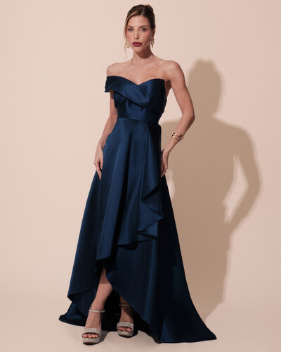 Foto Vestido de Festa Longo Zibeline um Ombro Só Mullet Azul Marinho