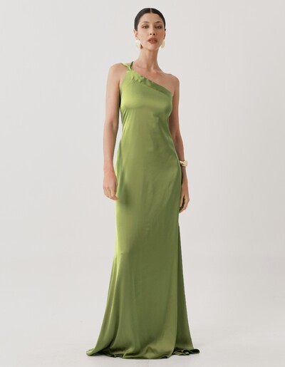 Foto Vestido de Festa Longo Cetim Fluido Um Ombro Só Amarração Costas Verde Pistache