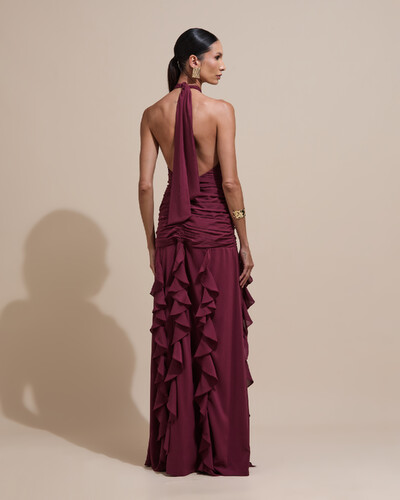 Foto Vestido de Festa Longo Frente Única Crepe Chiffon Drapeado Babados Cascata Marsala