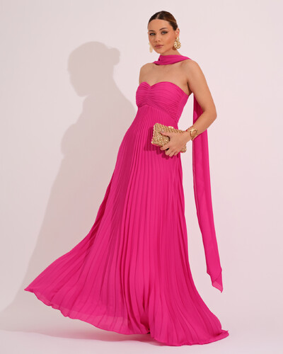 Foto Vestido de Festa Longo Tomara que Caia Plissado com Lenço Pink