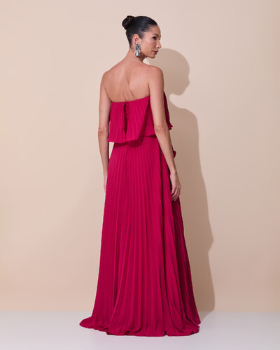 Foto Vestido de Festa Longo Crepe Chiffon Tomara que Caia Plissado com Babado Cascata Cereja