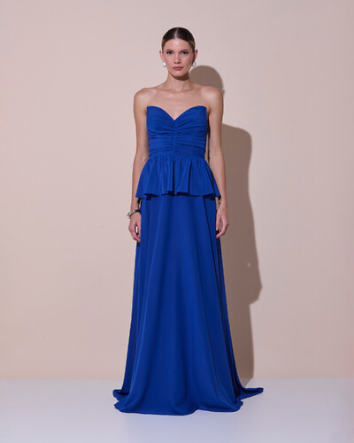 Foto Vestido de Festa Longo Crepe Chiffon Tomara que Caia Peplum Drapeado Azul Royal