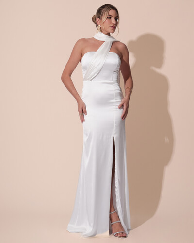 Foto Vestido de Festa Longo Cetim Alfaiataria Tomara que Caia com Faixa Lenço Branco