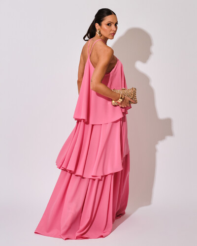 FotoVestido Longo Crepe Chiffon Babado em Camadas Rosa