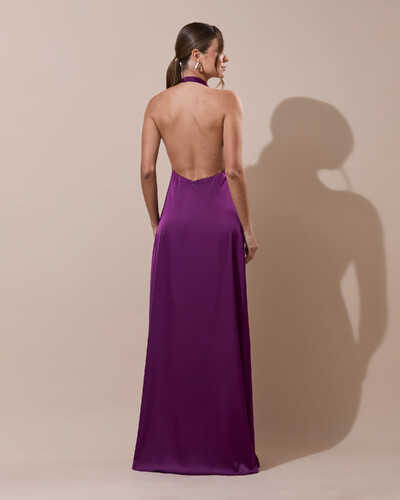 Foto Vestido de Festa Longo Frente Única Degagê Cetim Fluido Roxo