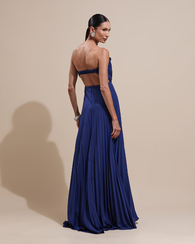 Foto Vestido de Festa Longo Tomara que Caia Plissado Detalhe Azul Marinho