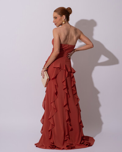 FotoVestido de festa Longo Tomara que Caia Crepe Chiffon com Bababos Cascata e Fenda Terracota