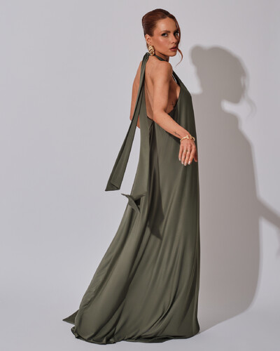 FotoVestido Longo com Amarração em Malha Verde Oliva