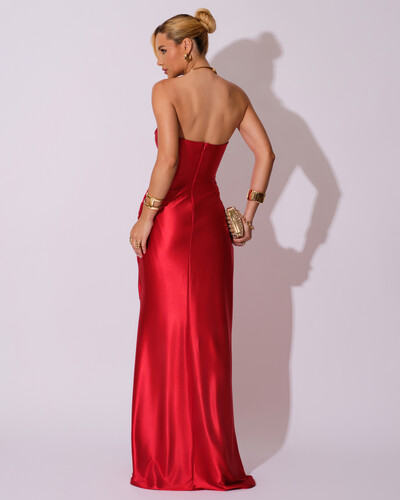 FotoVestido de Festa longo Cetim Malha Metálico Tomara que Caia Detalhe Drapeado Vermelho