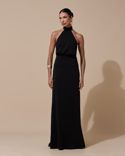 Foto Vestido de Festa Longo Frente Única Busto Blousê Crepe Chiffon Drapeado Preto