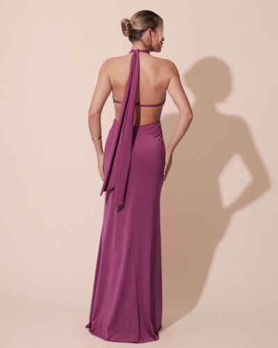 FotoVestido de Festa Longo Malha Jersey Gola Alta Saia Sereia Fúcsia