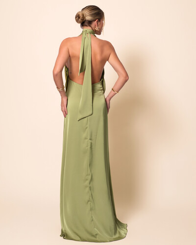 FotoVestido de Festa Longo Cetim Fluido Frente Única Degagê Mil Formas Verde Pistache