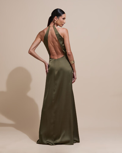 Foto Vestido de Festa Longo Cetim Fluido com Argola Frente Única Verde Oliva