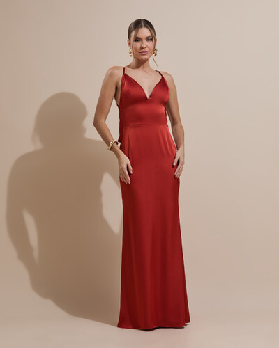 Foto Vestido de Festa Longo Costas Abertas Laço Cetim Decote V Terracota