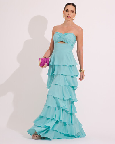 Foto Vestido Longo Crepe Chiffon Tomara que Caia Plissado em Camadas Tiffany