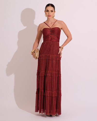 Foto Vestido de Festa Longo Tule com Saia Babado Marsala