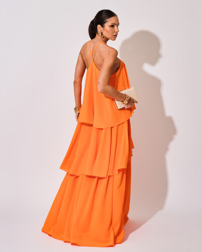 FotoVestido Longo Crepe Chiffon Babado em Camadas Laranja Manga