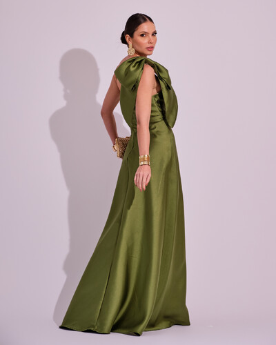 FotoVestido de Festa Longo em Zibeline com Laço Removível Verde Oliva