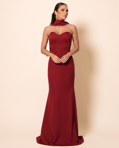 Foto Vestido de Festa Longo Alfaiataria Tomara que Caia Saia Sereia com Lenço Marsala