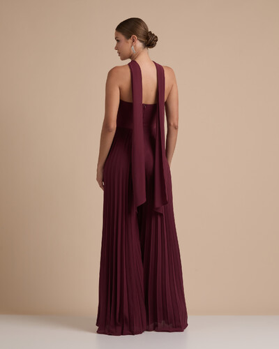 FotoMacacão de Festa Longo Crepe Chiffon Tomara que Caia Plissado com Lenço Marsala