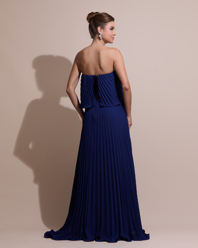 FotoVestido de Festa Longo Crepe Chiffon Tomara que Caia Plissado com Babado Cascata Azul Marinho