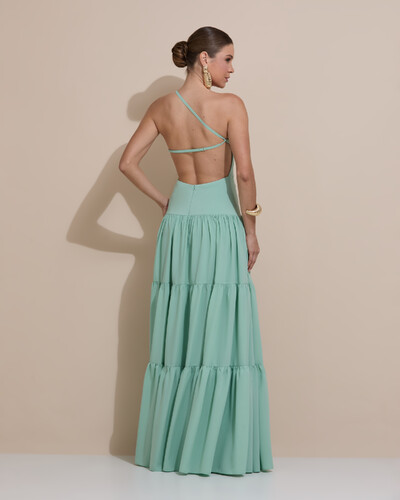 Foto Vestido de Festa Longo Um ombro Só Crepe Chiffon Saia Fluida Verde Menta