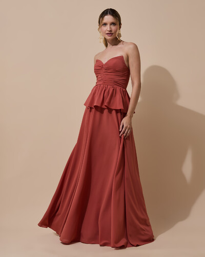 Foto Vestido de Festa Longo Crepe Chiffon Tomara que Caia Peplum Drapeado Terracota