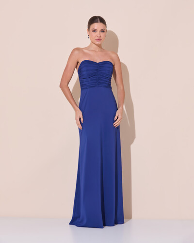Foto Vestido de Festa Longo Ombro a Ombro Plissado Crepe Chiffon Capa Flor 3D Azul Marinho