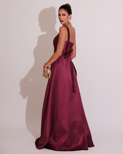 FotoVestido de Festa Longo Zibeline com Fenda e Faixa Fúcsia