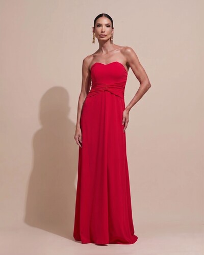 Foto Vestido de Festa Longo Tomara Que Caia Crepe Chiffon Drapeado Capa Vermelho