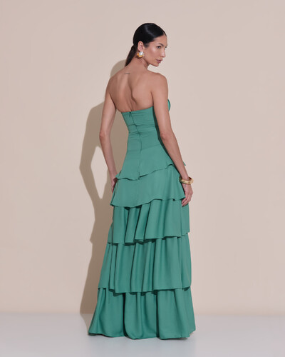 Foto Vestido de Festa Longo Tomara que Caia Drapeado Crepe Chiffon Babados Camadas Verde Matcha Escuro