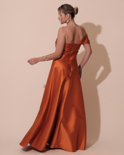 FotoVestido de Festa longo Faixa Ombro e Fenda Zibeline Terracota