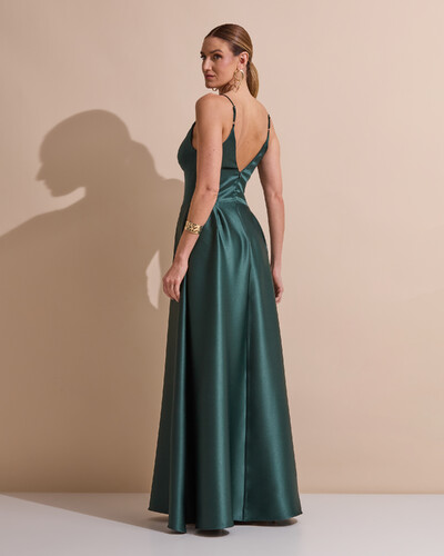 Foto Vestido de Festa Longo Alça Fina Decote V Cetim Saia Evasê Verde Escuro