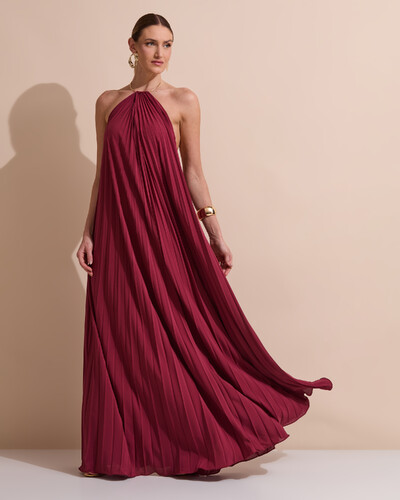 Foto Vestido de Festa Longo Frente Única Plissado Crepe Chiffon Argola Marsala New
