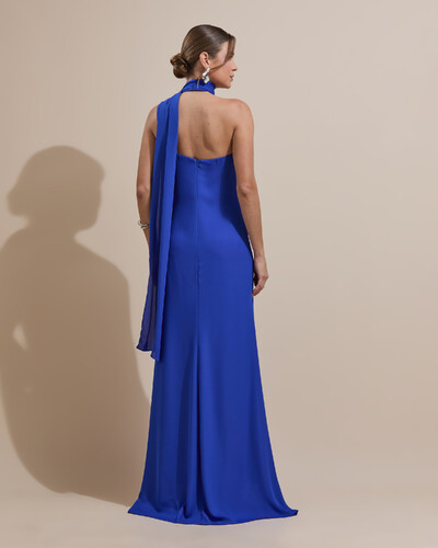 FotoVestido de Festa Longo Crepe Chiffon Um Ombro Só Drapeado Azul Royal